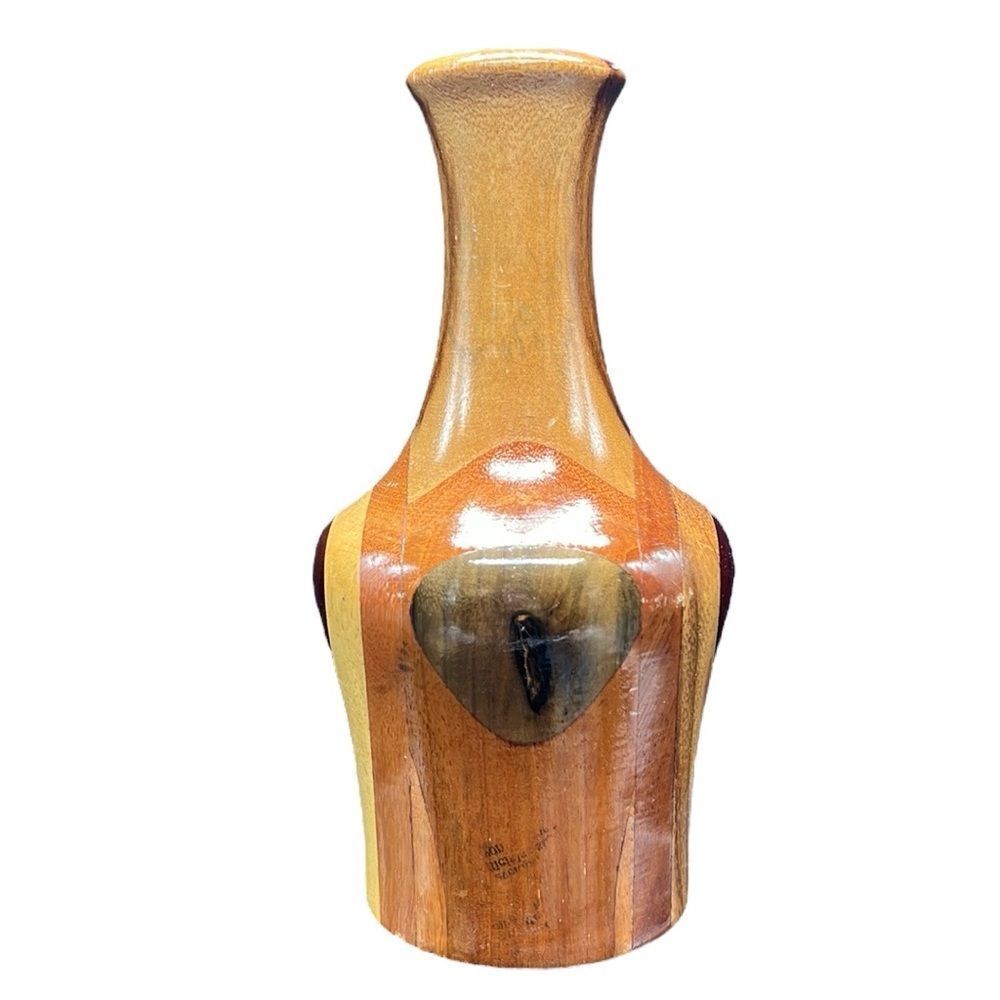 Wooden Vase Studio Crafted Handmade Multi-Tone Artisan Unique Eclectic 8.25" - Picture 4 of 8